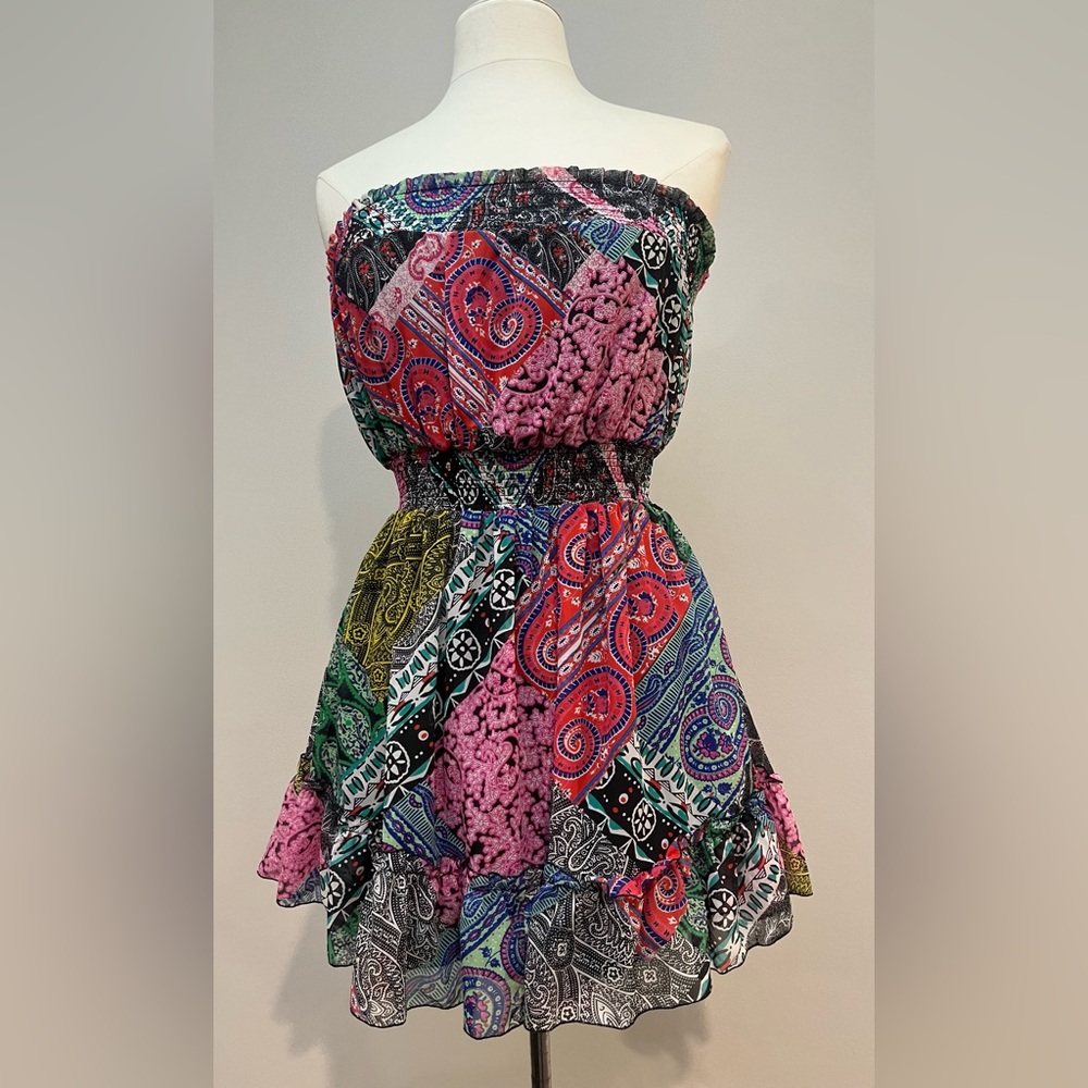 DOUBLE ZERO MULTICOLOR PAISLEY STRAPLESS DRESS | BOHO CHIC | VACATION & FESTIVAL